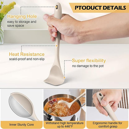 Homikit 15-Piece Kitchen Cooking Utensils Set with Holder, Heat Resistant Food Grade Silicone Kitchen Utensils include Slotted Spatula Ladle Turner for Nonstick Cookware, Dishwasher Safe- Khaki