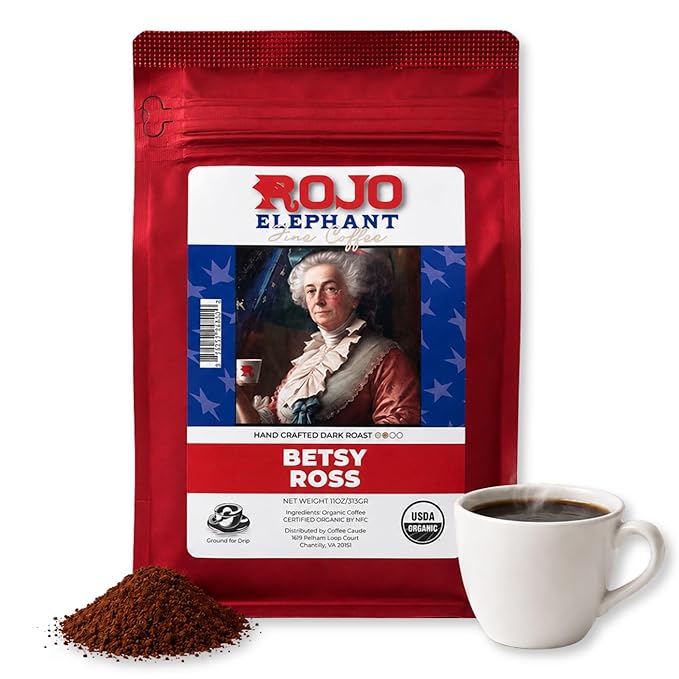Rojo Elephant Caffeinated Ground Coffee, Single Origin Arabica Beans, Naturally Low Acid, Premium Ground Coffee (11 oz Bag) (Dark Roast - Betsy Ross)