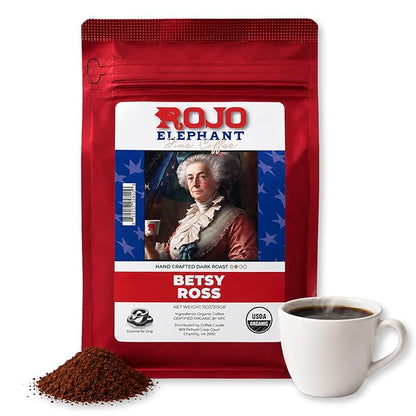 Rojo Elephant Caffeinated Ground Coffee, Single Origin Arabica Beans, Naturally Low Acid, Premium Ground Coffee (11 oz Bag) (Dark Roast - Betsy Ross)