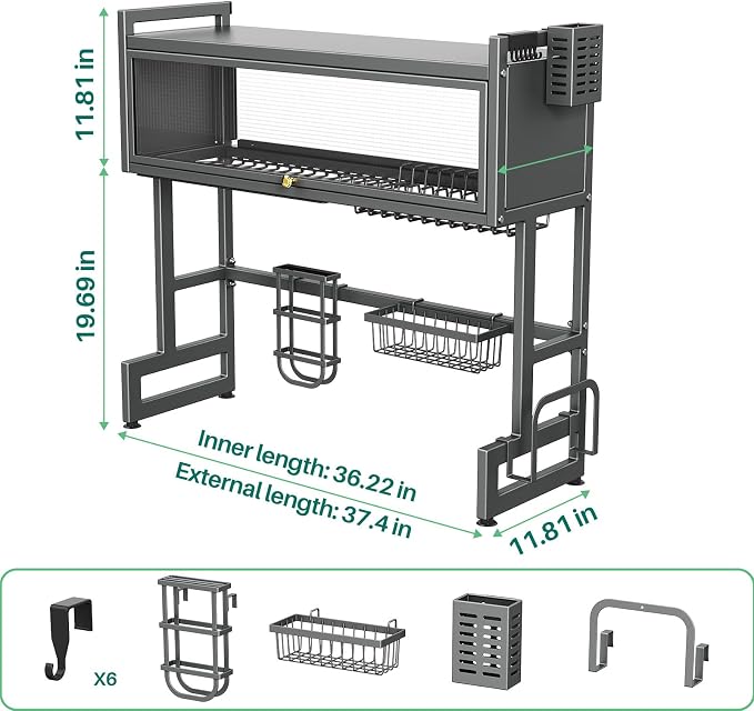 Over The Sink Dish Drying Rack with Cover, Over The Sink Dish Drainer Drying Rack 3 Tier Dish Rack, Keep Kitchen Sink Shlef Organized Space-Saving for Dishes and Cutlery (Matte Gray, 37.4" Length)