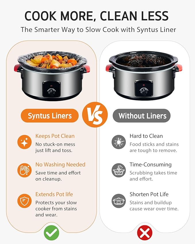 Syntus 30 Count Slow Cooker Liners, Large Size 13" x 21" Fits 3-8 Quart Pots BPA-free Disposable Cooking Bags Suitable for Oval & Round & Retangular Slow Cookers