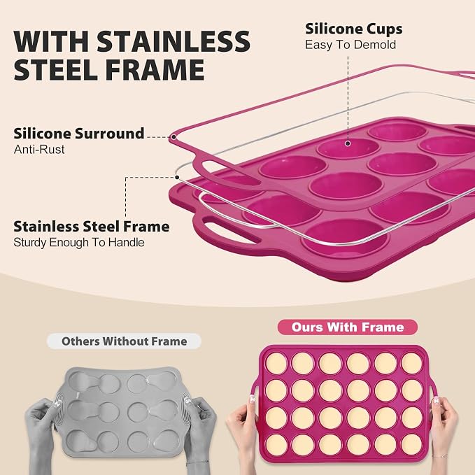 Silicone Muffin Pan for Baking: Non Stick Regular 12 Cup and Mini 24 Cup Muffin Pan Set with Metal Frame - BPA Free 2Pcs Silicone Small Cupcake Tin Tray Egg Bites Mold - for Oven Home Bakers