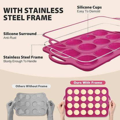 Silicone Muffin Pan for Baking: Non Stick Regular 12 Cup and Mini 24 Cup Muffin Pan Set with Metal Frame - BPA Free 2Pcs Silicone Small Cupcake Tin Tray Egg Bites Mold - for Oven Home Bakers