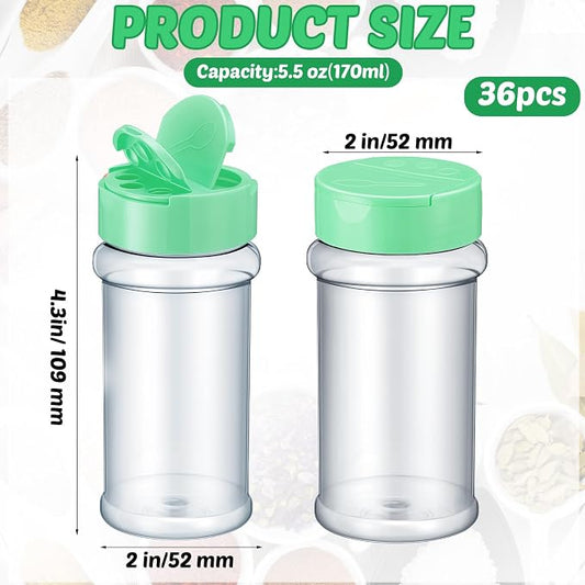 Jadive 36 Pcs 5.5 oz Plastic Spice Jars with Shaker Lids Clear Spice Bottles Plastic Seasoning Containers Empty Shaker for Kitchen Storing Herbs Seasoning Powders Pepper (Green)