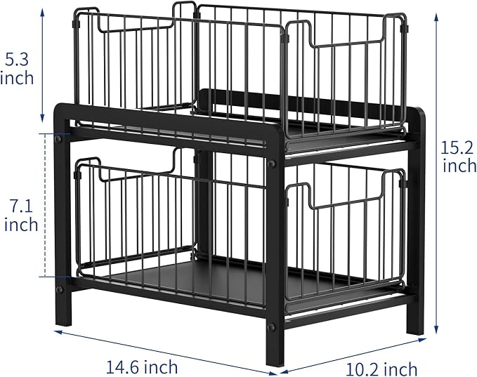 NPPLUS 2-Tier Under Sink Organzier: Iron Under Sink Cabinet Organizers With Sliding Drawer - Pull Out Home Storage For Bathroom Kitchen Desktop (Black)