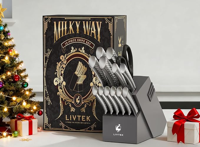 Livtek Kitchen Knife Set with Block: 15-Piece German Stainless Steel with Dual Sharpener for Cook Enthusiasts - Covers 95% Kitchen Tasks - Silver Full-Tang Ergonomic Handle, Dishwasher Safe, Gift Box