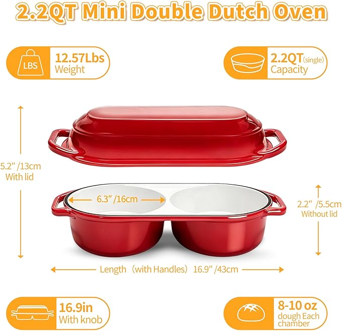 Mini Double Dutch Oven For Sourdough Bread Baking, 2.2QT Enameled Cast Iron Dutch Oven Pot With Lid, Non Stick Dual Round Bread Loaf Pan, 500°F Oven Safe, Sourdough Baking Pan For Homemade Baking