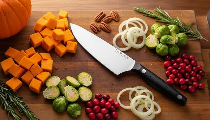 Lamson Vintage 8" Chef's Knife, Hi-Carbon Stainless Steel Blade, Double Riveted for Balance, Ideal for Dicing, Slicing & Chopping, Kitchen Knives - Midnight Handle