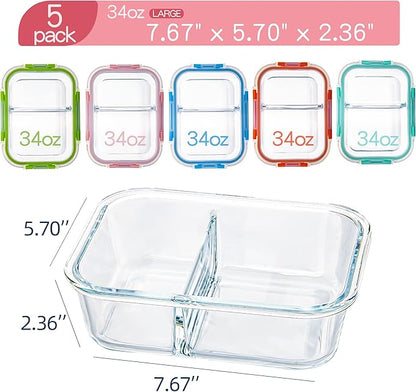 Glass Meal Prep Containers 2 Compartment with Lids (5 Pack, 34oz), Divided Glass Storage Containers for Lunch at Work, Leak-Proof Portion Control Food Containers, Microwave/Dishwasher Safe