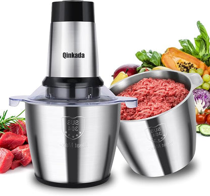 Qinkada Food Processor, 2 Stainless Steel Bowls, 14Cup, 500W Powerful Electric Meat Grinder, 3 Speed Modes 4 Bi-Level Blades for Onion, Meat, Nuts, Fruit, Garlic, Vegetable, Baby Food