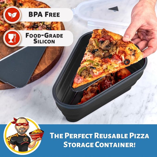 PIZZA PACK The Perfect Reusable Pizza Storage Container with 5 Microwavable Serving Trays - BPA-Free Adjustable Pizza Slice Container to Organize & Save Space, 4 Pack, Black