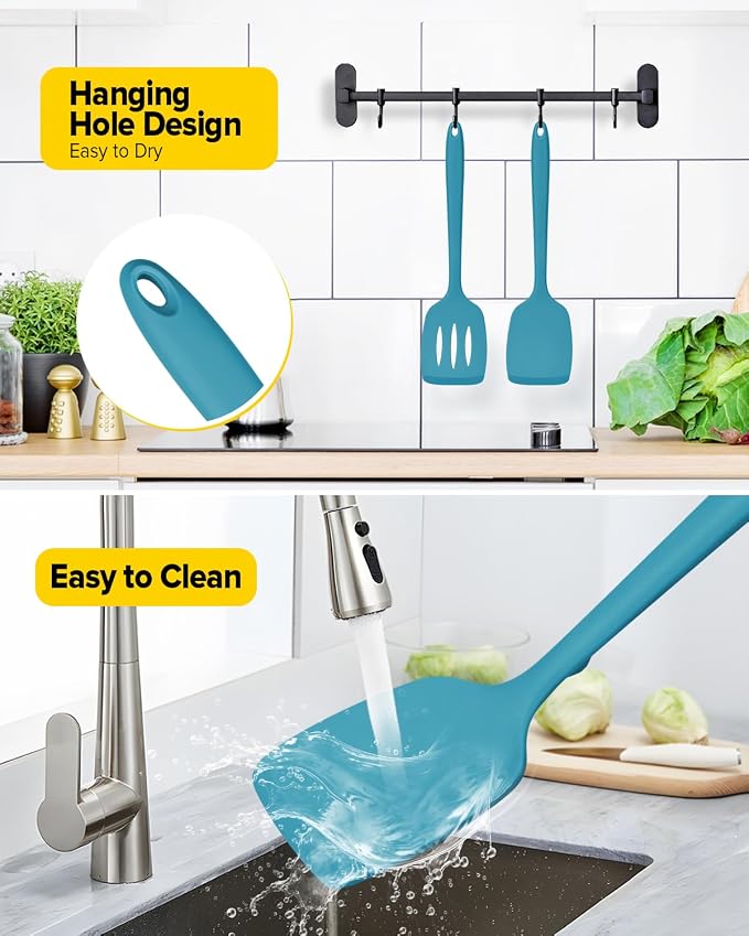 Pack of 2 Silicone Spatula Turners, Non Stick Slotted Kitchen Spatula Set, Heat Resistant BPA Free Kitchen Utensils, One-Piece Design, Suitable for Flipping Fish, Eggs, Steak, Pancakes(BLUE)