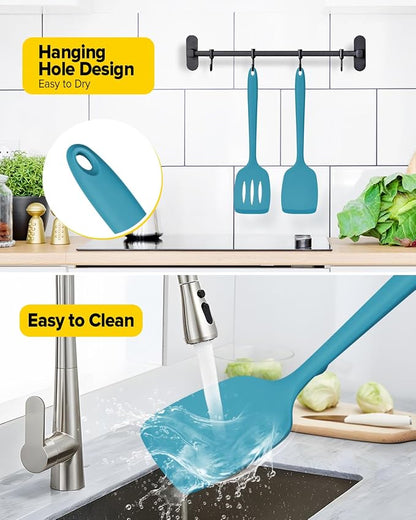 Pack of 2 Silicone Spatula Turners, Non Stick Slotted Kitchen Spatula Set, Heat Resistant BPA Free Kitchen Utensils, One-Piece Design, Suitable for Flipping Fish, Eggs, Steak, Pancakes(BLUE)