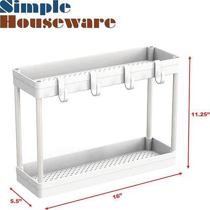 Simple Houseware 2-Tier Under Sink Organizer Storage Tray with Hooks, White