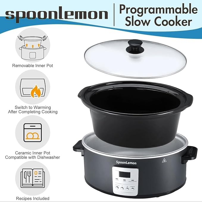 7QT Slow Cooker, Electric Programmable Cooker with 20H Timer & 3 Heat Settings, Oval Ceramic Pot — Ideal for Family Meals & Meal Prep, Compatible with 20 Count 13"x21" Cooking Liners