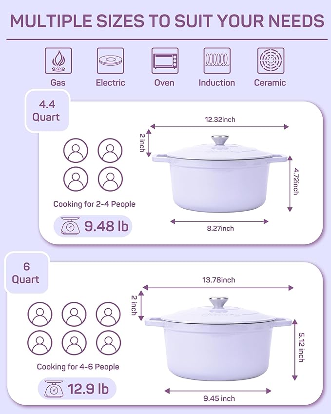 Ciwete Enameled Cast Iron Dutch Oven – 6 Quart Pot with Lid & Potholders – Heavy-Duty Cookware for Bread Baking, Braising, Stews & Roasting – Oven & Stovetop Safe up to 500°F – Purple