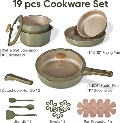 CAROTE 19 Pcs Pots and Pans Set, Nonstick Cookware Sets with Detachable Handle, Oven Safe, Cookware Non Stick Cooking Set w/Frying Pans & Saucepans Green(PFOS, PFOA Free)
