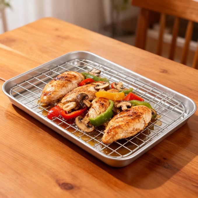 Set of 4 Baking Sheets with Rack, Stainless Steel Small Baking Tray, Oven Tray and Grid Rack for Baking Roasting, 9.4 x 7 x 1 inch