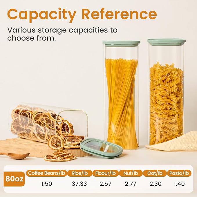 Square Glass Pasta Containers Storage 2.5 Qt Set of 3, Spaghetti Container Storage for Pasta, Nuts, Cereal, Flour, Organize Your Kitchen with these BPA-Free Glass Jars with Lids
