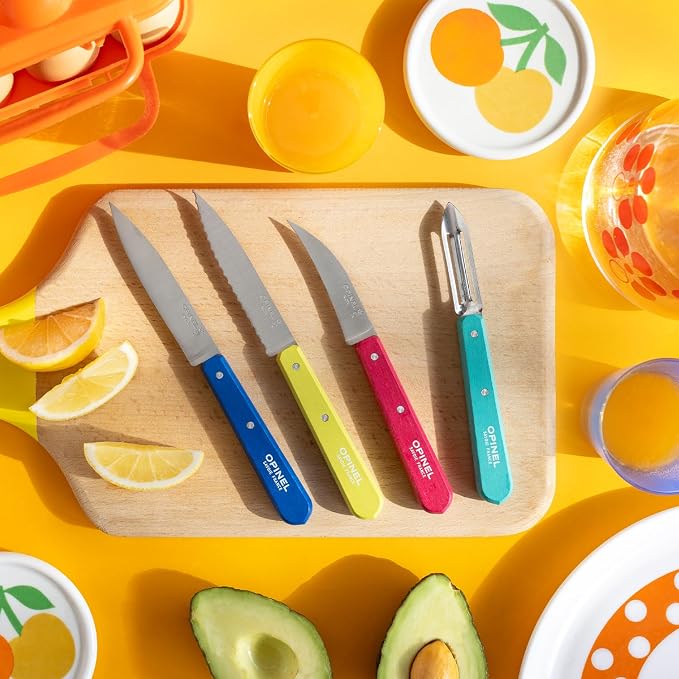 OPINEL Les Essentials - Small Kitchen 4 Piece Knife Set - Paring, Serrated, Peeler, Vegetable Knife, Corrosion Resistant High Carbon Steel, Made in France (POP 80)