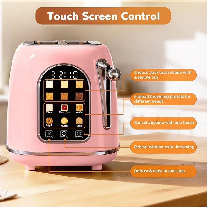 Mecity Toaster 2 Slice, Touch Screen Wide Slot Retro Toaster For Breads Bagel Muffin Waffle, House Warming Gift New Home, 120V 825W, Pink Color