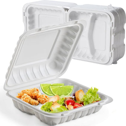 7.8" 30oz 3 Compartment Food Containers - Shrink Wrap Ready to Use | 65 Pack Mineral Filled PP Clamshell | BPA Free Freezer Microwave Safe | Reusable White Lunch Box for Leftovers, Take Out
