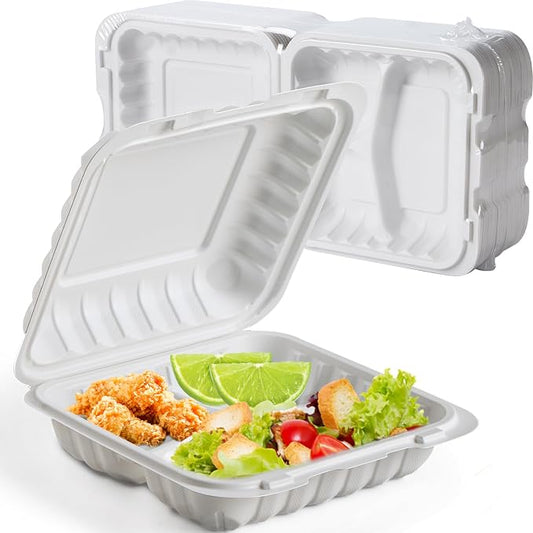 7.8" 30oz 3 Compartment Food Containers - Shrink Wrap Ready to Use | 65 Pack Mineral Filled PP Clamshell | BPA Free Freezer Microwave Safe | Reusable White Lunch Box for Leftovers, Take Out