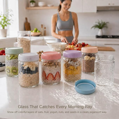 ColoVie 6-Pack Glass Overnight Oats Containers with Airtight Lids - 16oz Decorative Mason Jars for Meal Prep, Chia Seed Pudding, Salad, Snacks & Spice Storage - Wide Mouth, Dishwasher Safe