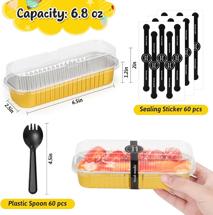 selizo 60 Pack 6.8oz Mini Loaf Baking Cake Pans with Lids, Rectangle Disposable Aluminum Foil Loaf Baking Pans, Small Baking Cake Tins Cup Cake Containers for Individual Cakes (Gold)