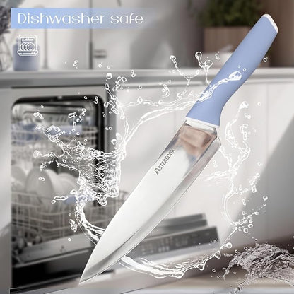 Astercook Kitchen Knife Set with Block and Sharpener 15 Piece German High Carbon Stainless Steel Knives Sharp Blade Dishwasher Safe Deba Knives with Ergonomic Handle, Delicate Blue