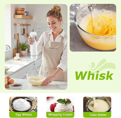 Bonsenkitchen Hand Blender, Immersion Blender with 2 Mixing Speed, 4-In-1 Handheld Stick Mixer with Egg Whisk, Beaker & Chopper Bowl for Baby Food, Soups, Smoothies, White