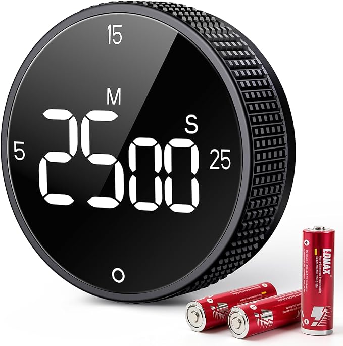 Digital Magnetic Kitchen Timer for Cooking, Large LED Visual Countdown Timer, Rotating Dial Pomodoro Focus Timer, Adjustable Volume, 5/15/25 Min Presets for Kids, Teachers, Seniors