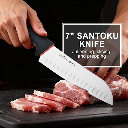5-Piece Professional Kitchen Knife Set - 8" Chef, 7" Santoku, 5.5" Utility Knives, In-Drawer Knife Storage & Sharpener - Non-Slip Softgrip Handle for Home Kitchen