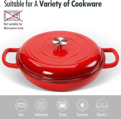 COOKWIN Cast Iron Casserole Braiser, 3.8 Quart Enameled Cast Iron Dutch Oven Pan with Lid, Heavy Duty and Dual Handles Skillet, Oven-Safe Porcelain Surface Casserole Dish, Red