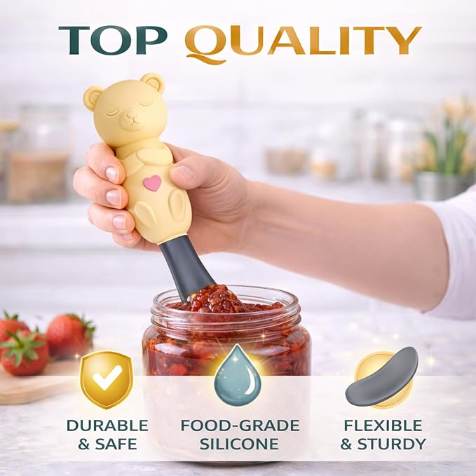 Jar Scraper Spatula - Silicone Scraper, Cute Kitchen Accessories, Unique Fun Cooking Kitchen Gadgets for Foodies - BPA-free & 100% Food Safe (Teddy - Yellow)