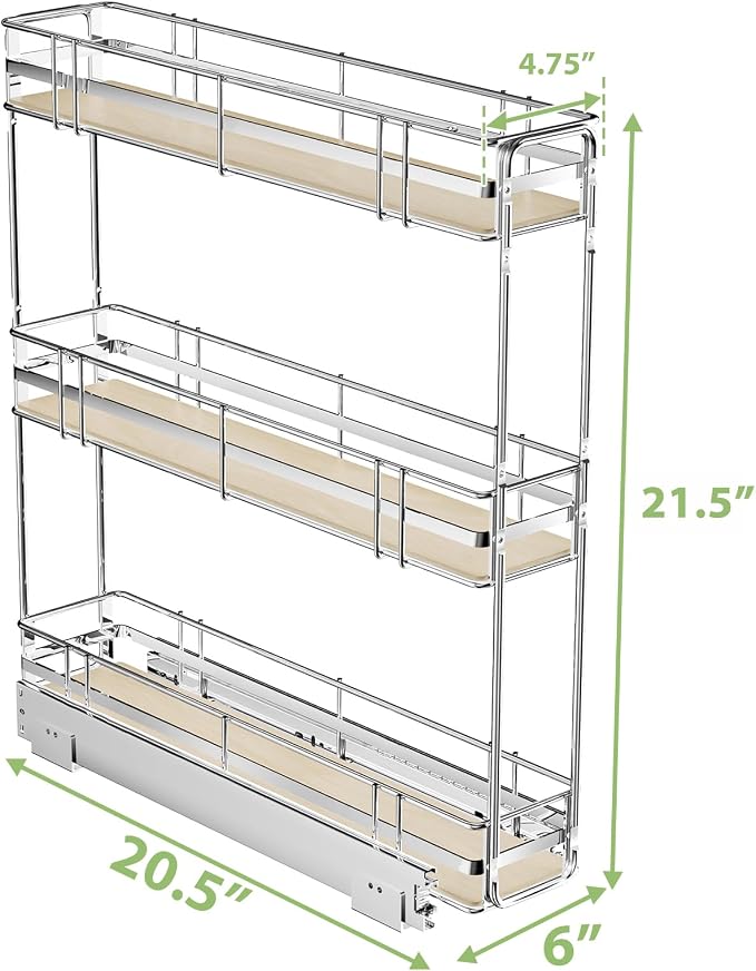ROOMTEC 3-Tier Pull Out Cabinet Organizer Spice Rack for Narrow Cabinet 6" W x 20½" D, Slide Out Wood Shelves Storage for Kitchen