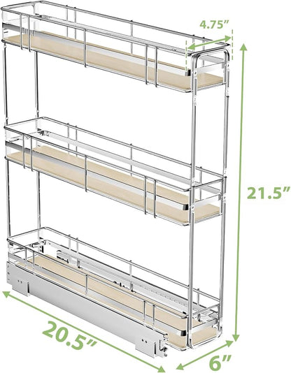 ROOMTEC 3-Tier Pull Out Cabinet Organizer Spice Rack for Narrow Cabinet 6" W x 20½" D, Slide Out Wood Shelves Storage for Kitchen