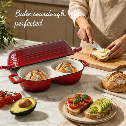 Dutch Oven For Sourdough Bread Baking – Enameled Cast Iron Dutch Oven Pot with Lid, Double Bread Loaf Pan – 500°F Oven Safe Non Stick Bread Pot for Homemade Bread, Meatloaf, Cake–Round Loaf Space, Even Heating– Red