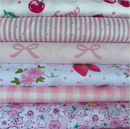 6PCS 18" x 22" Quilting Fat Quarters Fabric Bundles, for Sewing Crafting,Print Floral Striped Polka Dot 100% Cotton Gingham Fabric (Strawberry, 18" x 22")