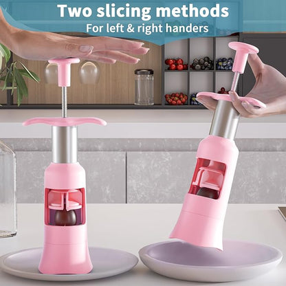 Newness Grape Cutter Tool - Stainless Steel Kitchen Gadgets with 2 Straw Brushes & 2 Types of Slicing - Cherry, Grape, Tomato - Baby Fruit Cutter (Pink)