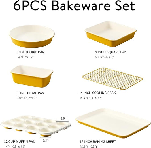 CAROTE 6-Piece Ceramic Baking Pans Set, Aluminized Steel Bakeware Sets, Toxin-Free Nonstick Stackable Oven Pans with Cookie Sheet, Muffin Pan, Loaf Pan, Round & Square Cake Pan, Cooling Rack