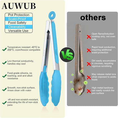 Salad Tongs, 16 Inch Silicone Food Tongs with 304 Stainless Steel Core & Non-Slip Grip in Blue Color