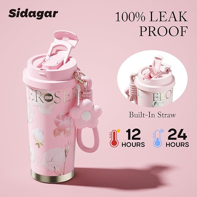 Insulated Travel Coffee Mug,18 oz Stainless Steel Coffee Tumbler with Flip Straw, Double Wall Thermal Cup with Leak Proof Lid,Reusable Ceramic Water Bottle for Office, Pink
