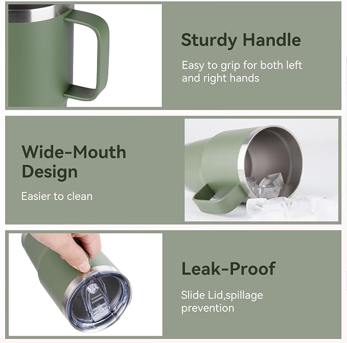 20oz Tumbler Bulk with Lid, Stainless Steel Tumbler Bulk with Handle, Metal Insulated Travel Coffee Mug Set with Handle, Double Wall Vacuum Leak Proof Tumbler Cup, Amy Green 12 Pack