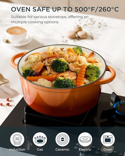 Enameled Cast Iron Dutch Oven - 7.5QT Dutch Oven Pot with Lid & Cotton Potholders - Heavy-Duty Non Stick Casserole Pot for Braising, Stews, Roasting, Baking, Suitable for All Stovetops, Vibrant Orange