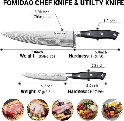 2PCS Chef Knife Set, Razor Sharp Japanese Kitchen Knife Set, High Carbon Steel Damascus Pattern Chef's knives, Cooking Knife with Full Tang Handle Design for Home Kitchen
