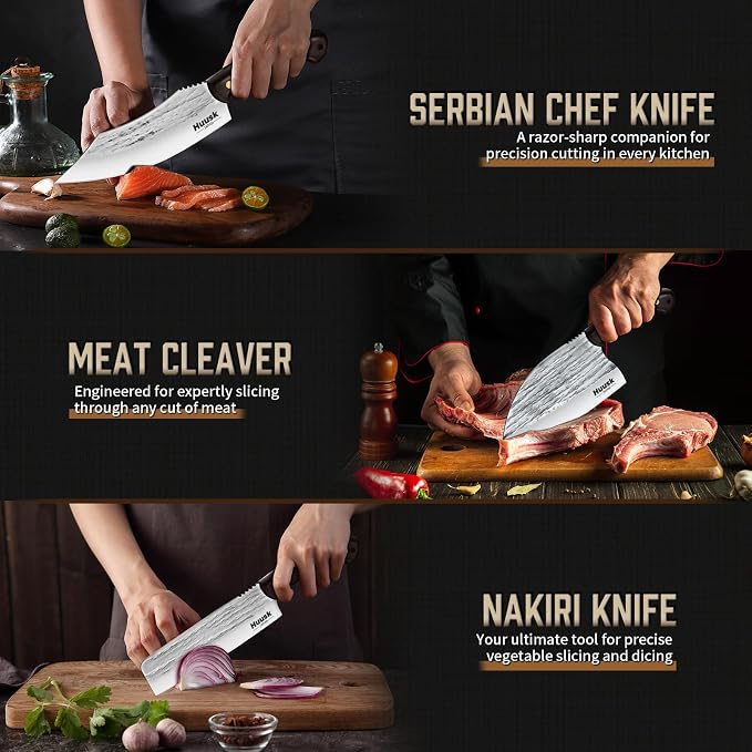 Huusk Serbian Chef Knife Set - 3PCS Hand Forged Butcher Knife Set - Meat Cleaver, Nakiri, Grill Knives with Full Tang Wooden Handle, Gifts for Men and Women