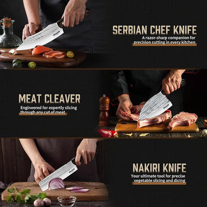 Huusk Serbian Chef Knife Set - 3PCS Hand Forged Butcher Knife Set - Meat Cleaver, Nakiri, Grill Knives with Full Tang Wooden Handle, Gifts for Men and Women
