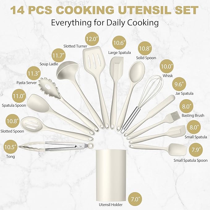 LIANYU 14 Pcs Kitchen Utensils Set with Holder, Silicone Cooking Utensils Spatula Set, Heat Resistant Cookware Tools Includes Spoon Turner Whisk Tong, Dishwasher safe, Cream White