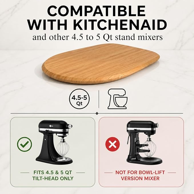 Ibyx Premium Bamboo Mixer Slider for KitchenAid 4.5-5 Qt Tilt-Head Stand Mixer - Food-Grade Appliance Slider Mat for Kitchen Countertop Storage Accessories (Natural)